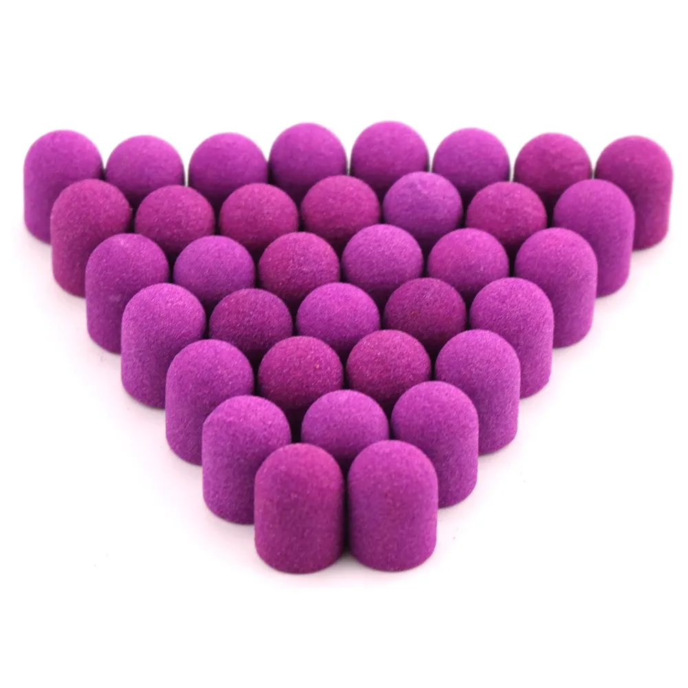 Bits 50pcs 13 * 19 mm Capes de ponçage en plastique Purple Nail Perceuse en caoutchouc Moignant Foot Foot Cuticule pour la manucure Pédicure accessoires