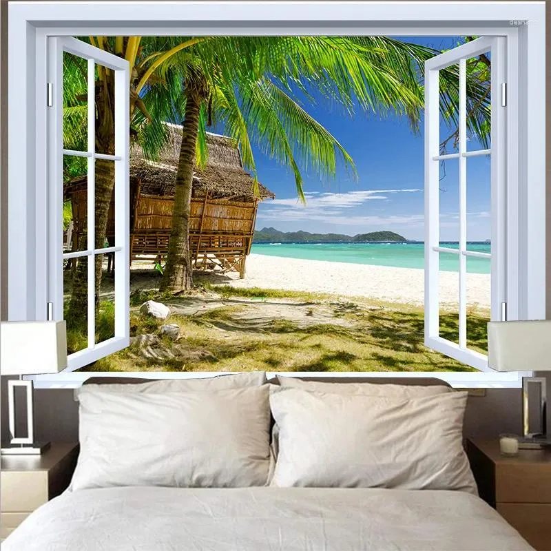 Dışişleri Pencere Ocean Beach Goblen Tropic Ada Hindistan Cevizi Ağacı Deniz Görünümü Duvar Asma Yatak Odası Oturma Odası Yurt Dekor