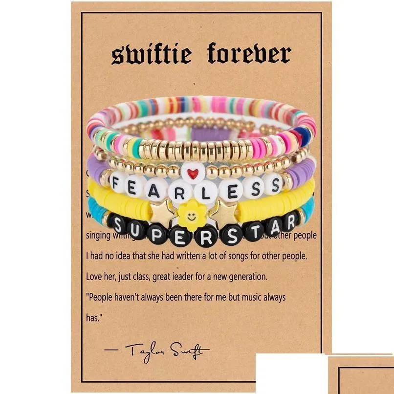 Beaded Beaded 5Pcs Swiftie Friendship Bracelets Set Taylor Music Surfer Heishi Beads Strands Flower Heart Star Letter Charm Stackable Dhvmu