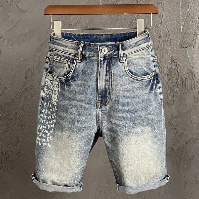 Men's Shorts Mens summer shorts mens stretch jeans denim shorts lightweight BLUE painting designer street clothing mens shorts casual knee length J240407