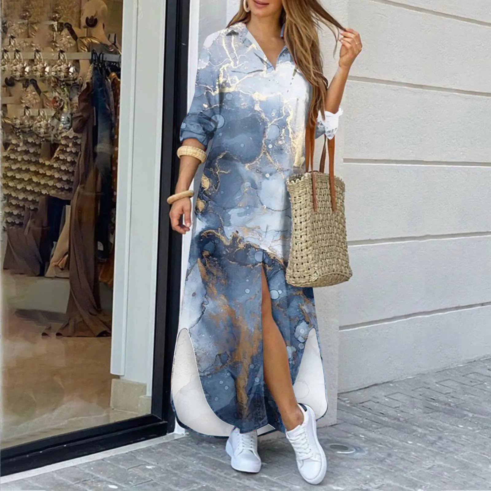 2023 New Spring/Summer Urban Leisure Womens Fashion Shirt Abstract Print Long Dress 240327