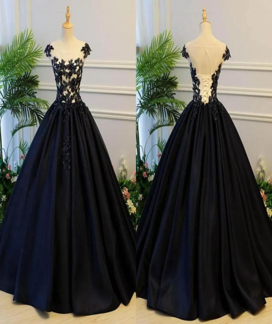 2023 Sexy Black Satin Quinceanera Dresses Long Cheap Jewel Sheer Neck Applique Lace Ruched Sequin Sweet 16 Dresses For Girls Prom 1953769