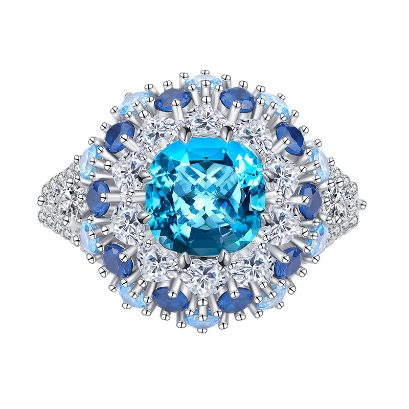 Exquisito gioielli di moda: anello d'argento S925 con bellissimo design fiore topazio blu