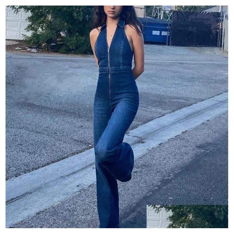 Womens Jumpsuits Rompers Weird Cotton Elegant Denim Jumpsuit Women Sleeveless Zipper Fashion Hipster Casual High Street Wide Legs Drop Dhojf