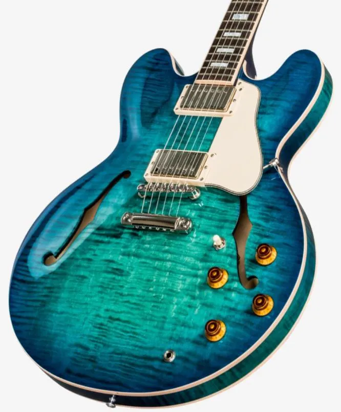 2018 Memphis 335 Semi Dollow Pigrated Aquamarine Jazz Electric Guitar Flame Flame Maple Top Back Back Little PIN -PIN -Block Block7171320