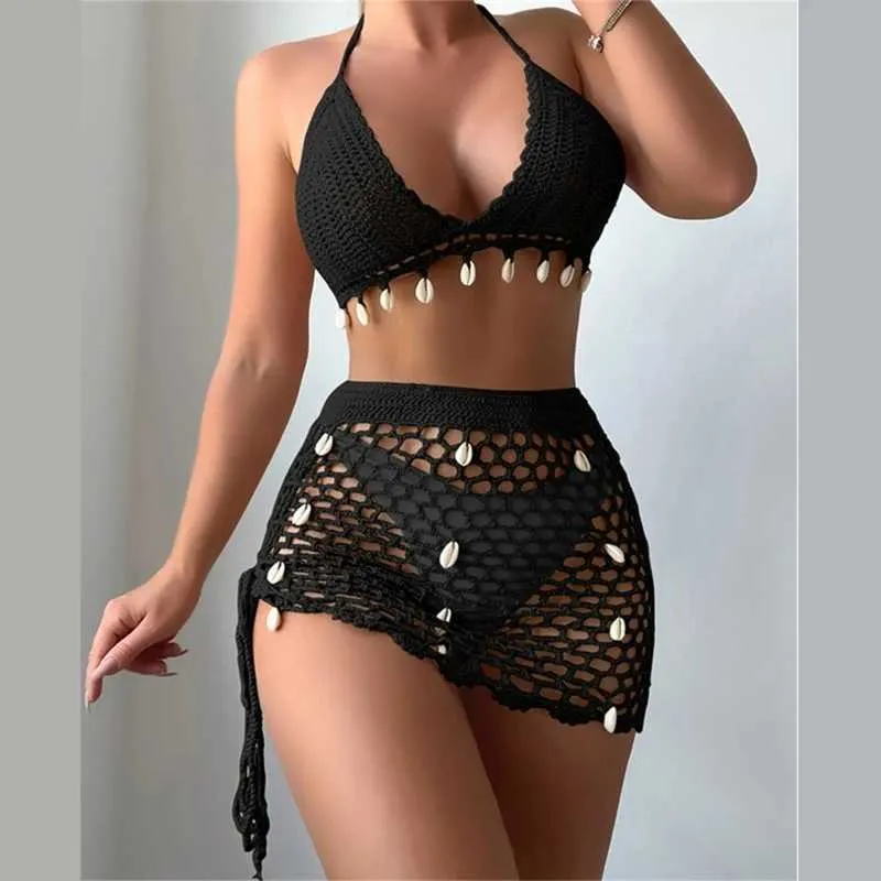 Moda de banho feminina 2 peças de sinistro de crochê feminino Suspenseiro de biquíni de biquíni e esqui de praia de alta cintura Hollo