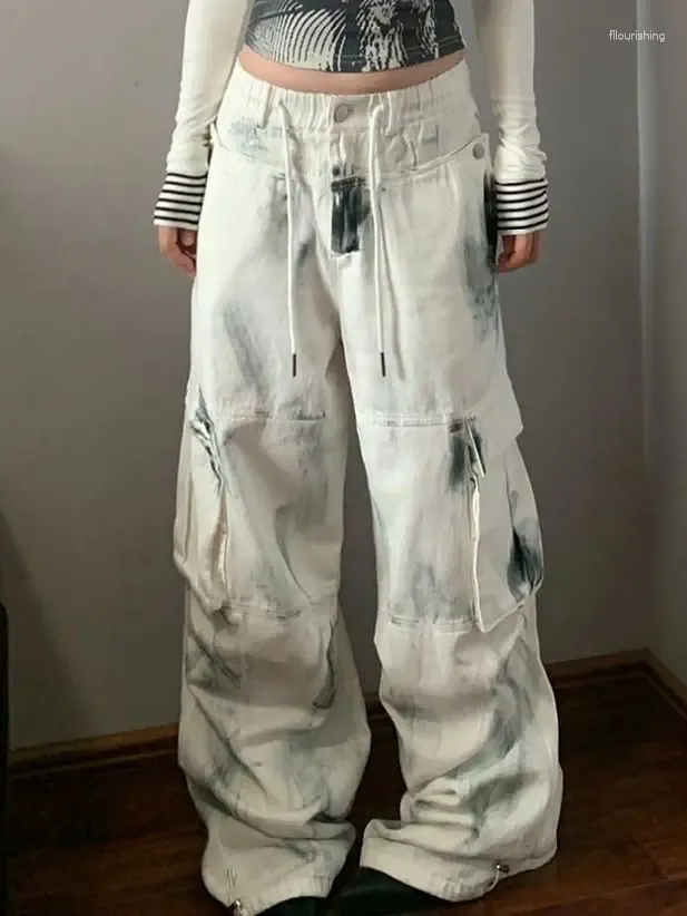 Damskie dżinsy prosta moda Y2K Style stworzyło stare białe spodni robocze Hiphop Street