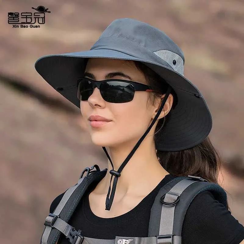 Wide Brim Hats Bucket Womens ponytail sun hat UV protection net folding wide brown beach fishing bucket summer hiking outdoor Q240403