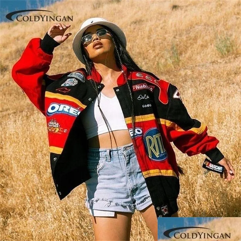 Mens Jackets Womens Printed Racing Jacket American Hiphop Street Style Y2K Oversized Windbreaker Uniform Bomber Top Clothes 221007 Dro Otb6V