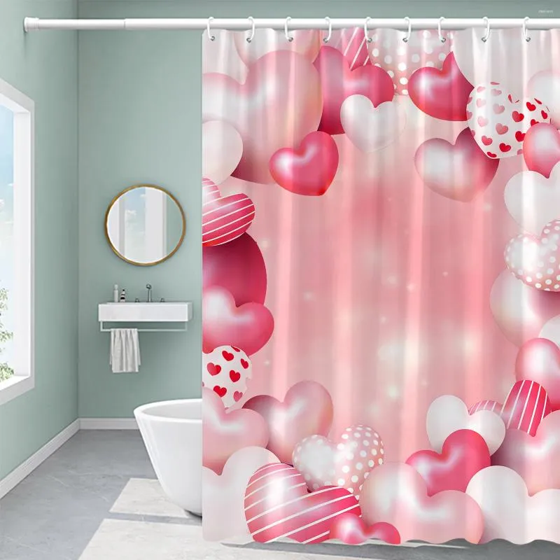 Shower Curtains Valentine's Day Decor Curtain Pink Balloons Red Roses Flower Hanging Full Hearts Of Tree Printed Fabric Bathroom