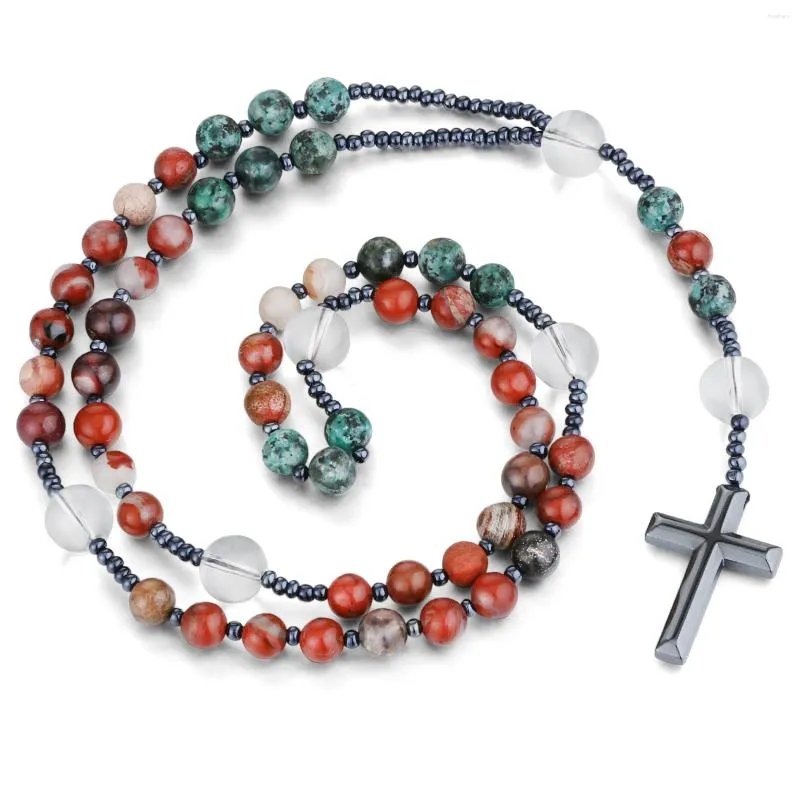 Chains African Red Stone Glass Beads Rosary Necklace Hematite Cross Pendant Women Men Catholic Christ Jewelry Mala