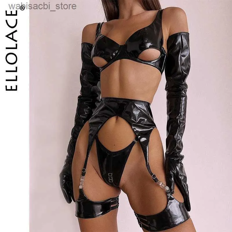 Sexy Set Ellolace Fetisch PVC Dessous Sissy Cup Out BH Leder PU Sinnliche Unterwäsche unzensierte Latex -Late -up -Exotik -Outfits mit Strumpfband L2447