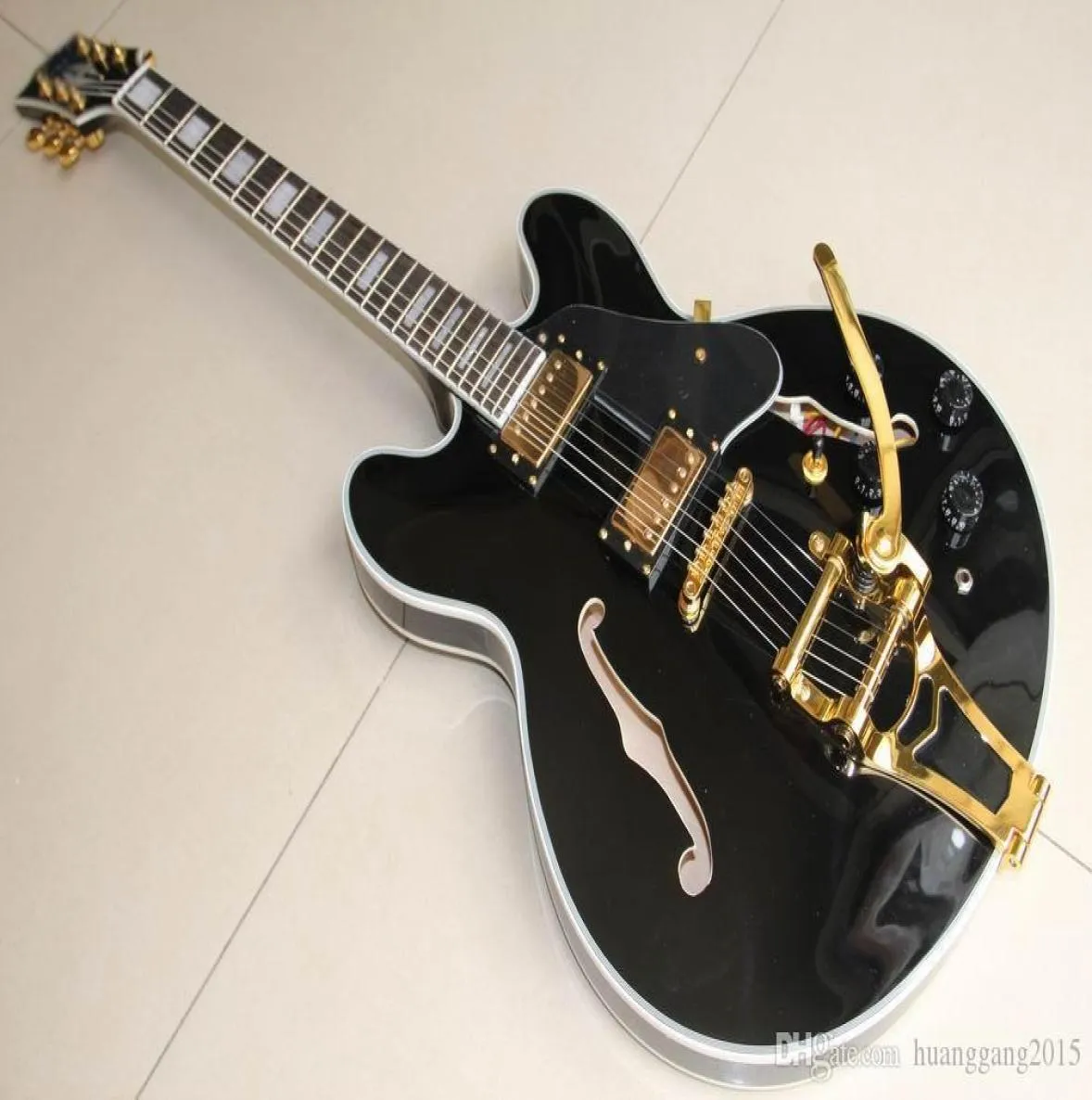 Guitare électrique jazz entièrement nouveau Cibson 1959 avec Tremolo Semi Hollow Body in Black 1204108629065