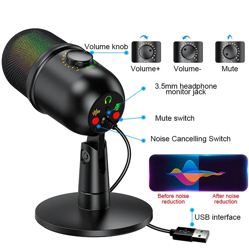 Microphones Desktop Microphone Condenser Mic with RGB Gaming Ambient Light for YouTube Video Recording Studio, Streaming Podcast Live