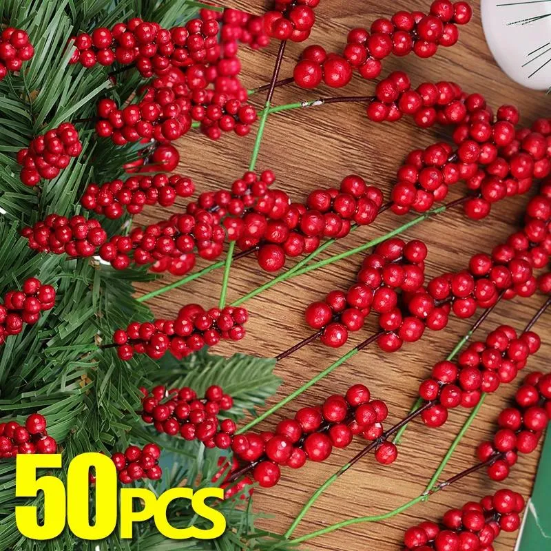 Decorative Flowers 50/5pcs Christmas Artificial Berry Branches Fake Holly Berries Flower Bouquet DIY Wreath Xmas Tree Ornament Wedding Home
