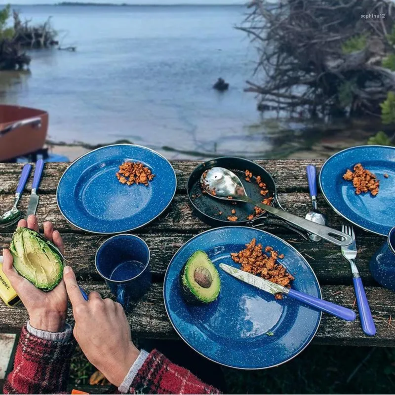 24 Piece Camping Enamel Tableware Set Plates Bowls Mugs for Outdoor Dining Durable and Lightweight