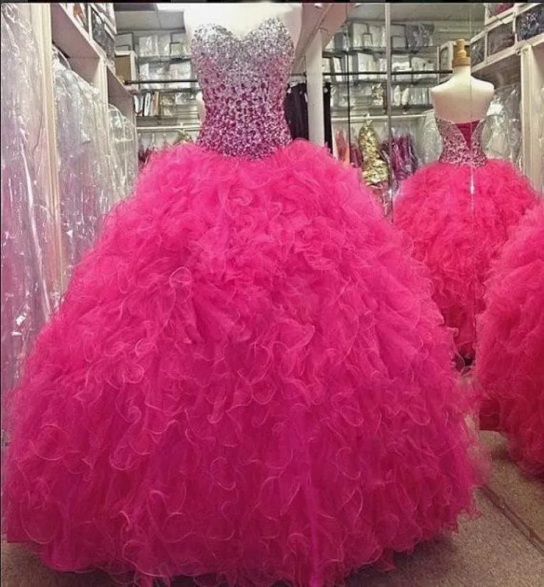 2015 vestidos de 15 Anos Quinceanera платья розовый хрустальный бальный платье каскадные оборки рюши