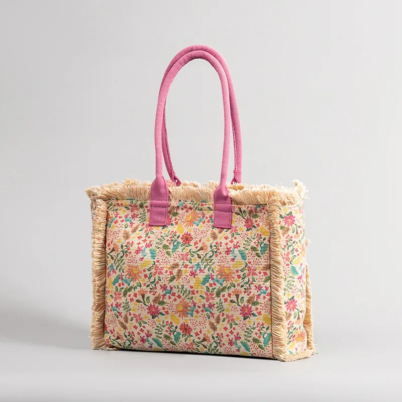 Retro Floral Canvas Beach Bags z frędzlami duże ramię duże torebki zakupowe Pink TOTE Torba Wysokiej jakości turystyka Kobiet wakacje w lecie nowy styl drukowany