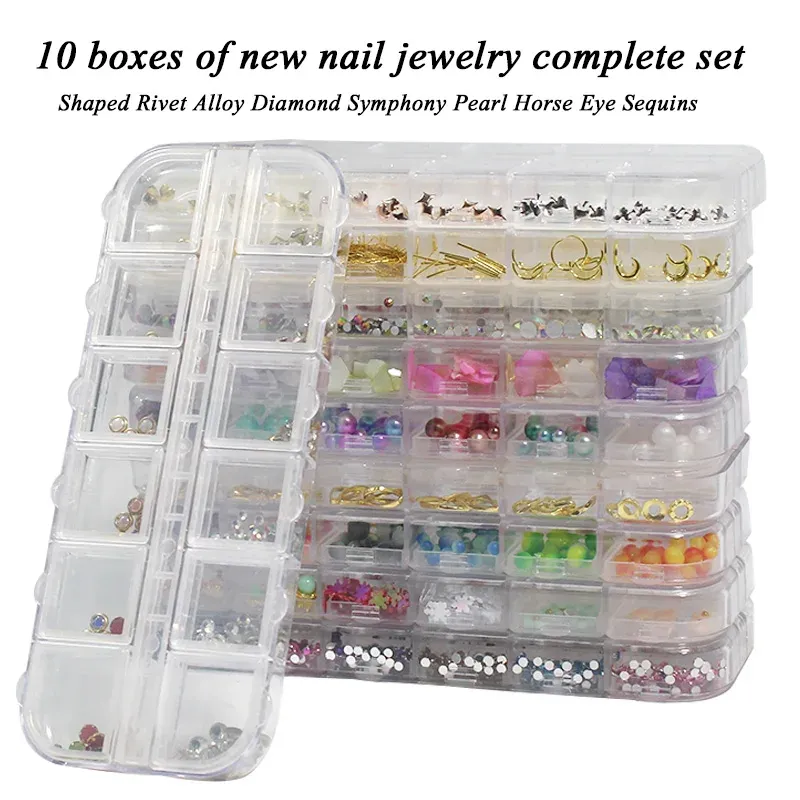 Decals 10 Box Fashion Nail Art Decoration sieraden Set -vormige klinknagellegering nagelboor parel paarden oog pailletten nagelklevende boor