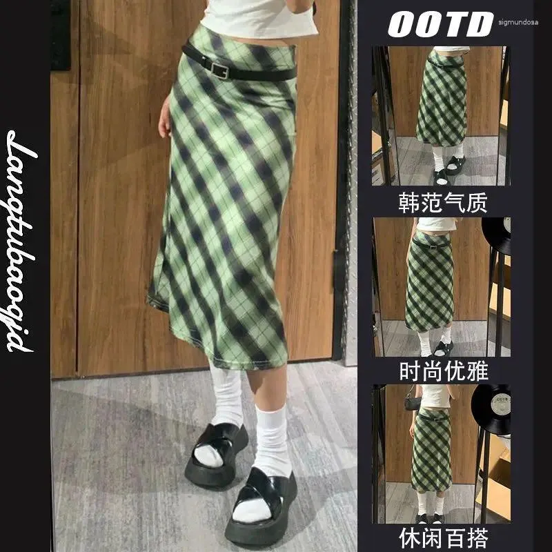 Юбки 2024 Корейский стиль Женщины зеленый клетка лето высокая талия тонкая A-Line Mid-Packer Packir