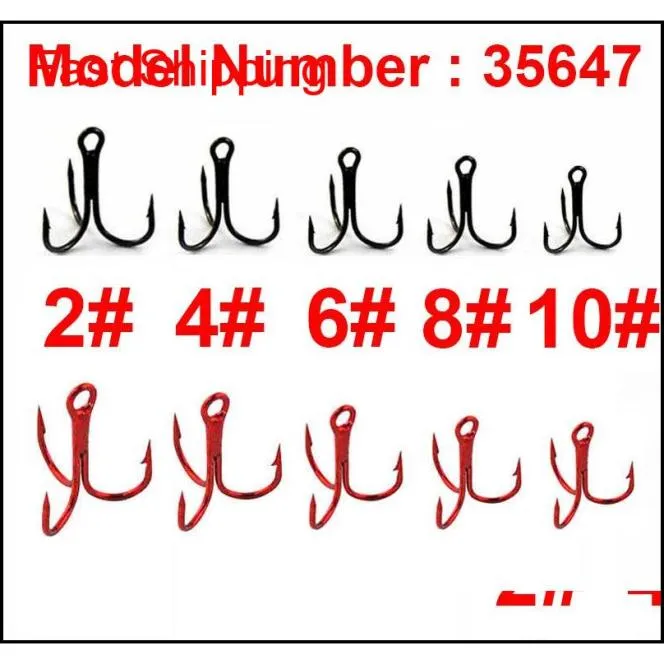 100 stcs 35647 Hoge koolstofstaal Treble Vishaken Rood Zwart Bent Triple Hard Qylorj Bdepack20013485251