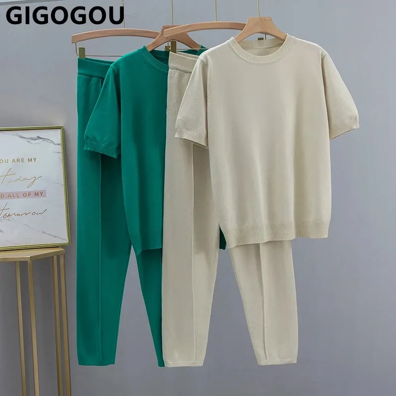 Gigogou Spring Summer Women Women Pant Cresuits Fashion вязаная негабаритная футболка, набор для женщин, повседневная двухдельная футболка костюмы 240407