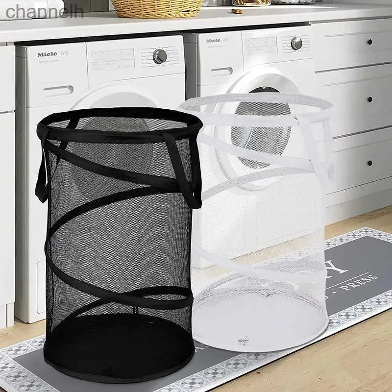 Förvaringskorgar smutsiga klädlagringskorg Cylindrical Dirty Mesh Bag stor tvätt YQ240407