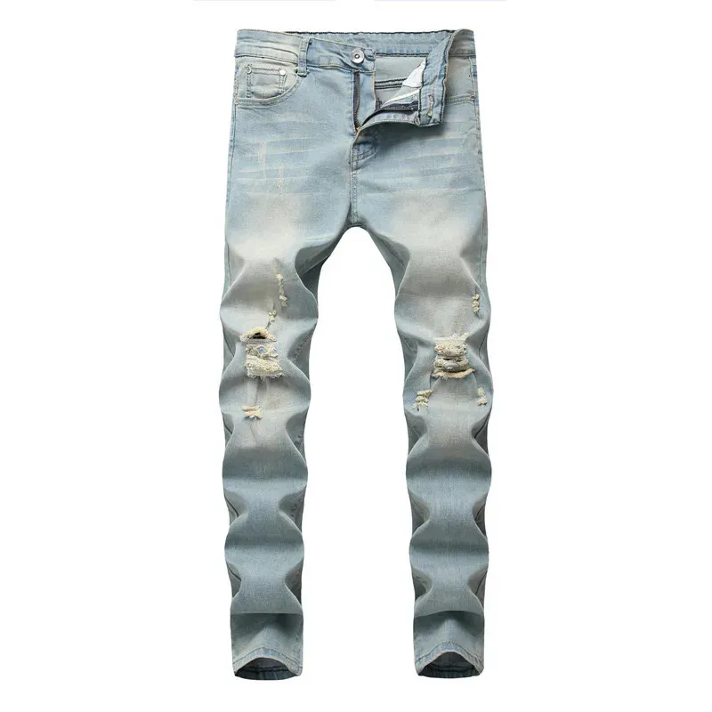 Prosty styl retro solidne dziury chude mężczyzn dżinsy spodnie stylowy mężczyzna Raped Stretch Jogging Casual Denim Pants 240323