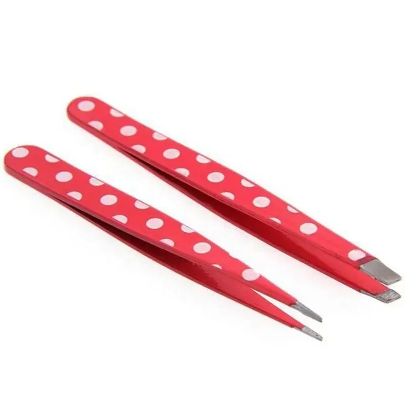 2024 2 -stks Herenverwijdering Tweezers roestvrij staal wenkbrauwclips mini roze stippen schuine platte puntpunt oog wenkbrauw make -up schoonheid gereedschap set voor haar