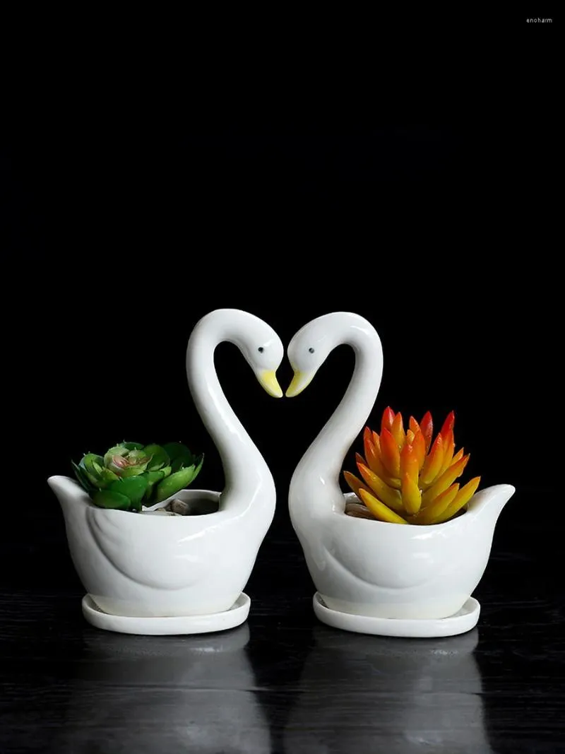 Vaser Swan Par Flowerpot Small Ornamental Succulent Miniature Cactus Holder Ceramic Art Craft Ornament Dekorativ heminredning