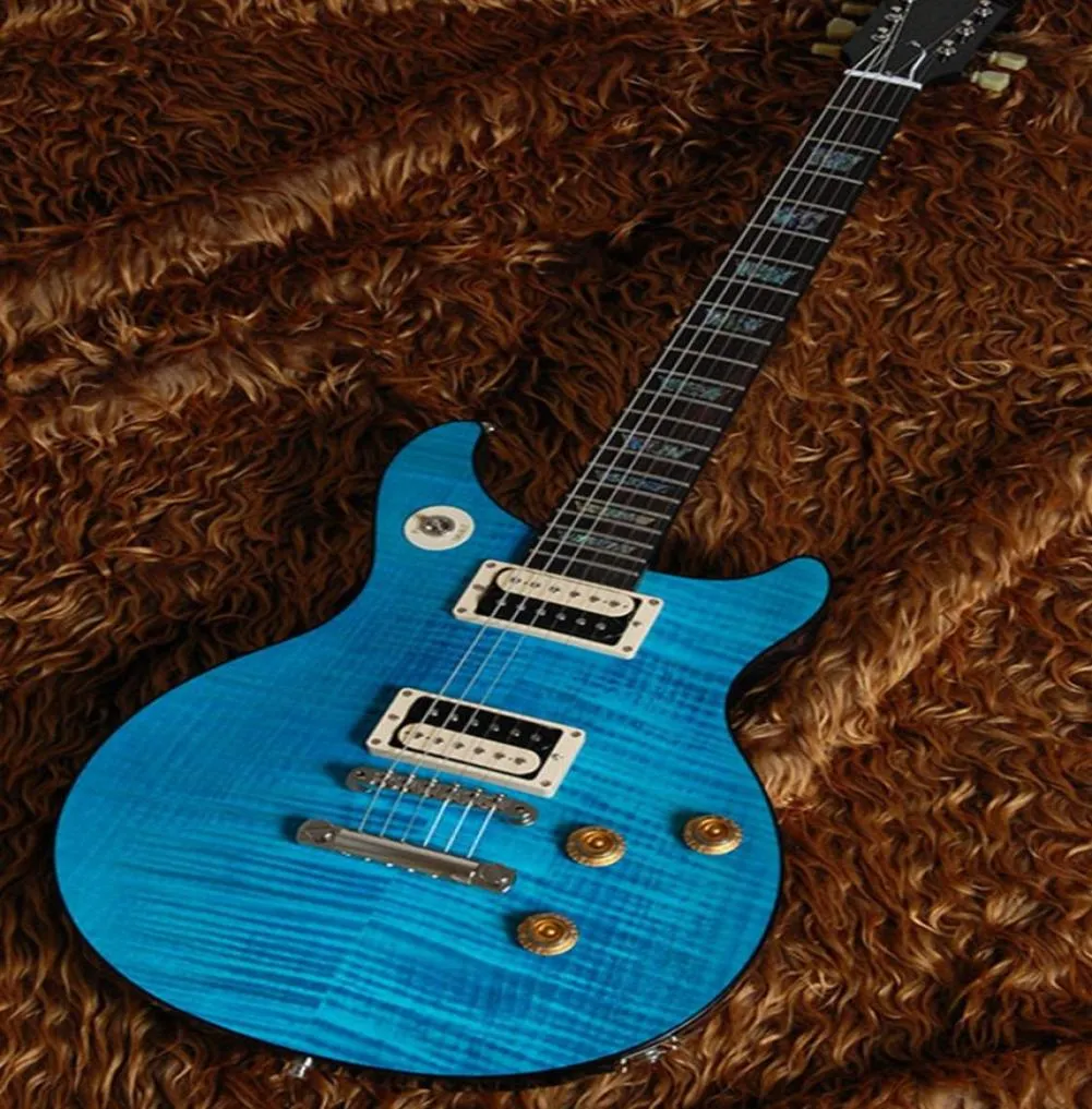 Tak Matsumoto Double Cutaway Aqua Blue Flame Maple Top Electric Guitar Abalone Block Inlay Black Body Binding5178745