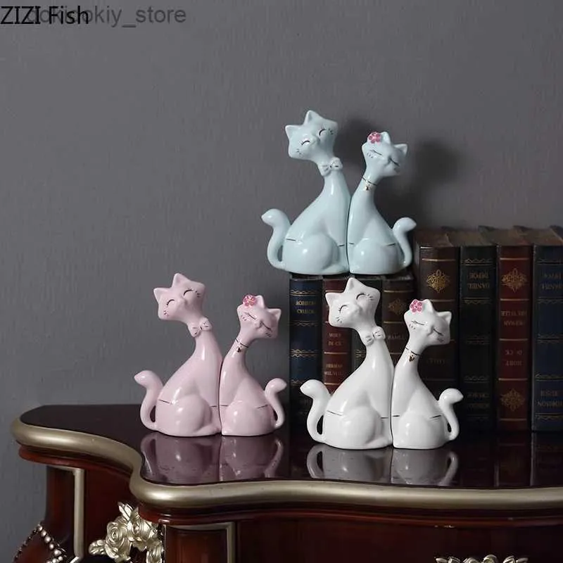 Arts and Crafts Creative Simulation Animal Sculpture Cat Cartoon Statue Couples Ceramic Animal Crafts Ornaments Home Decoration Childrens RoomL2447