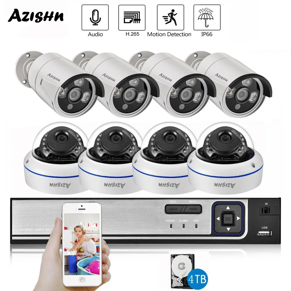 Sistema Azishn H.265 8ch Poe NVR Kit HD 3MP CCTV Sistema Sistema Sistema esterno IP imper.