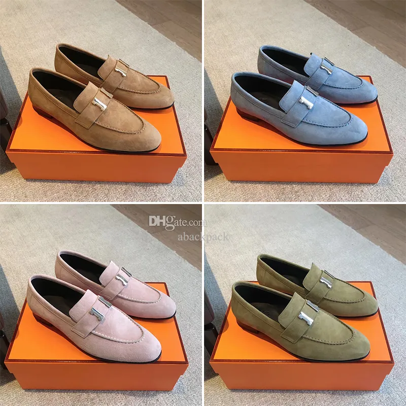 Modeontwerper Lady Shoes Loafer in suede geitenhil voor een chique look zwarte lambskinein binnenzool en voering Bleu Ciel Rose Porcelaine vert Toundra