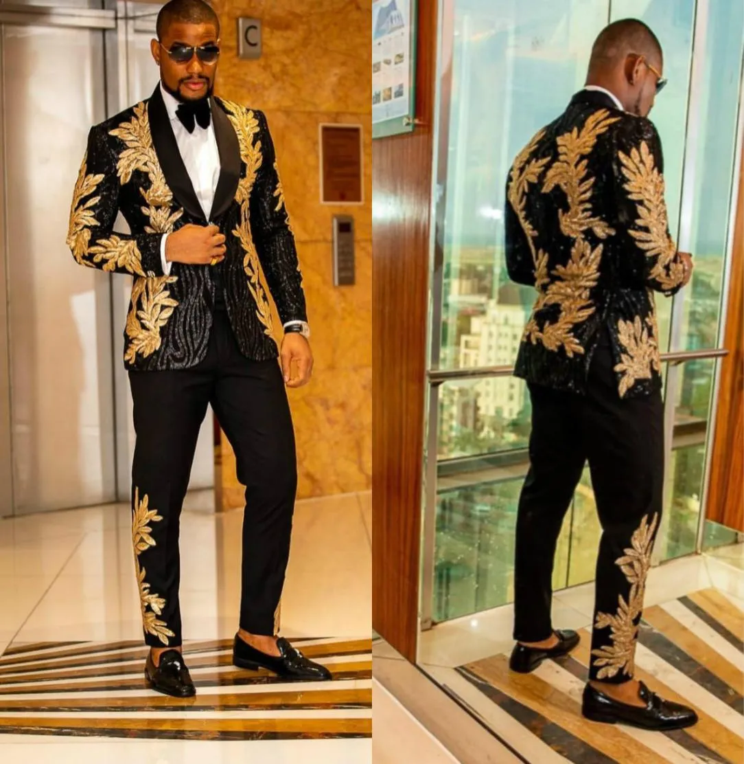 Black Men Suits With Gold Embroidery Beaded Two Pieces Shawl Lapel Designer Wedding Tuxedos Gold Mens Jacket and Pants1960770