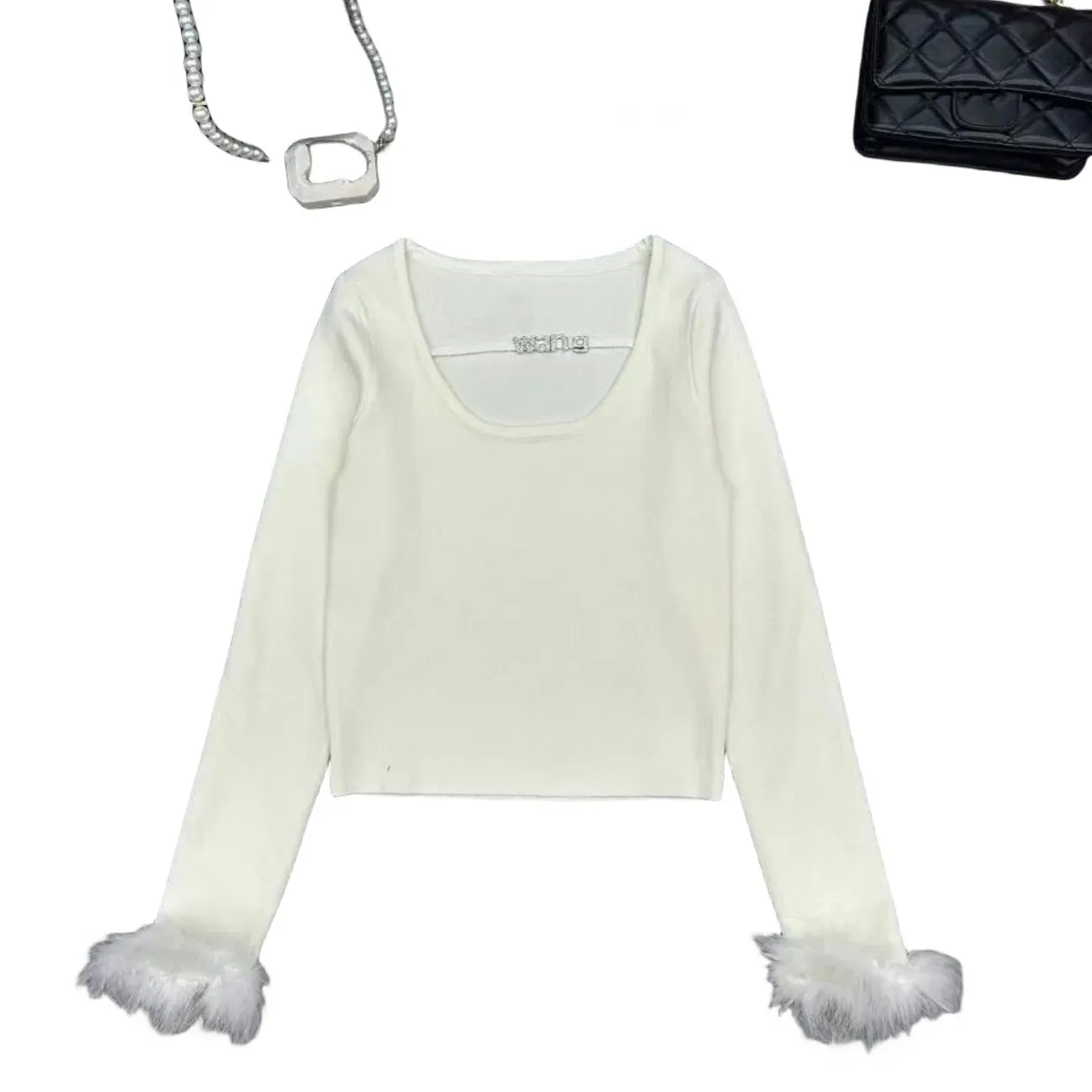 New women o-neck hollow out rhinestone logo patched long sleeve fur cuff knitted desinger sweater tops thin jumpers SML