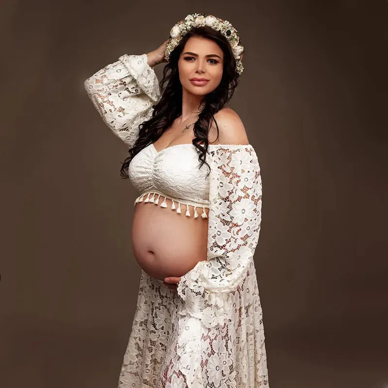 2 I 1 Boho Maternity Pography Outfit Dress Bohemian Precipping Po Shoot Long Dresses Pregenwoman 240326