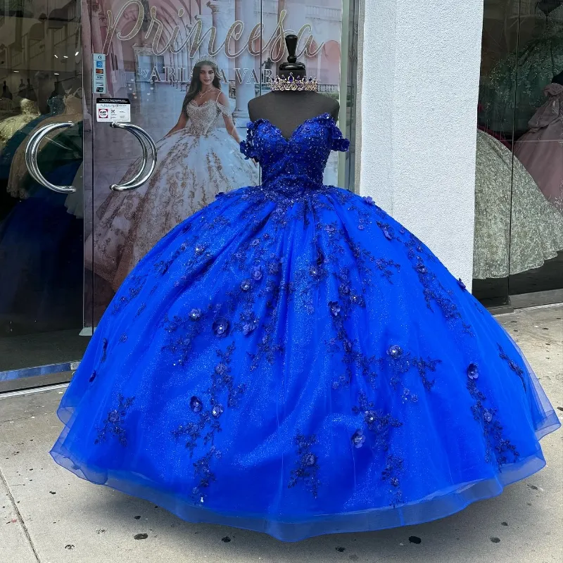 Kraliyet mavisi omuz quinceanera elbise dantel aplike payetler boncuk tull meksika tatlı 16 vestidos de xv 15 anos doğum günü