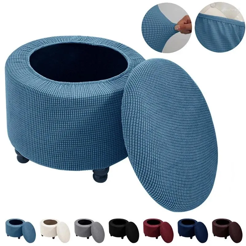 Chair Covers Round Ottoman Stool Cover Stretch Polar Fleece Footrest Solid Color Seat Slipcovers For Living Room Bedroom Removable