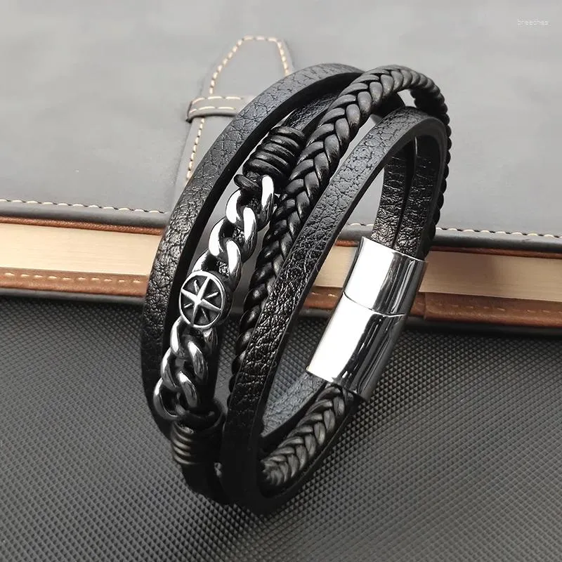 Charmarmbanden Mingao Trendy Multi-Layer Men Hexagram armband Leer Handgeweven roestvrijstalen magnetische clasp sieraden Groothandel
