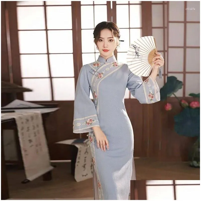 Vêtements ethniques Style chinois Robe Qipao Automne et hiver Young Lady Retro Daily Blue Qiapo Hanfu National Cheongsam Dhgwu