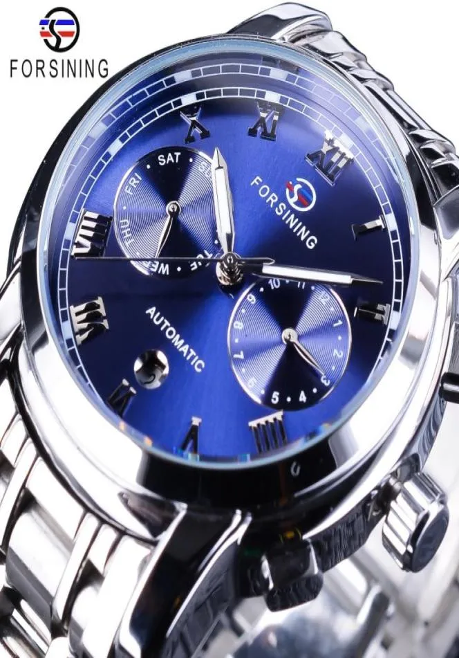 Forsining Watch Watch Blue Ocean Design Blue Ocean Aço inoxidável Calendário Exibir Mens relógios automáticos Top Brand Luxury Mechanical C8409518