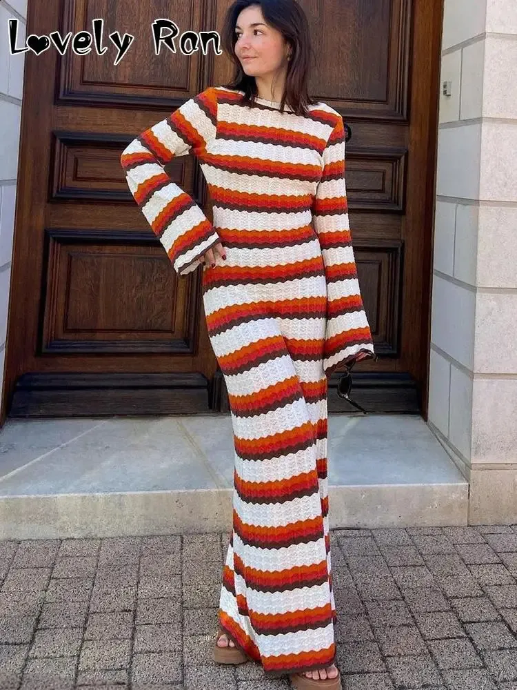 Fashion Knited Crochet Stripe Maxi Vestido Mujeres Elegantes Vestidos de Manija de la Manga de la playa Femenina Fiesta de la noche Vestidos largos240402