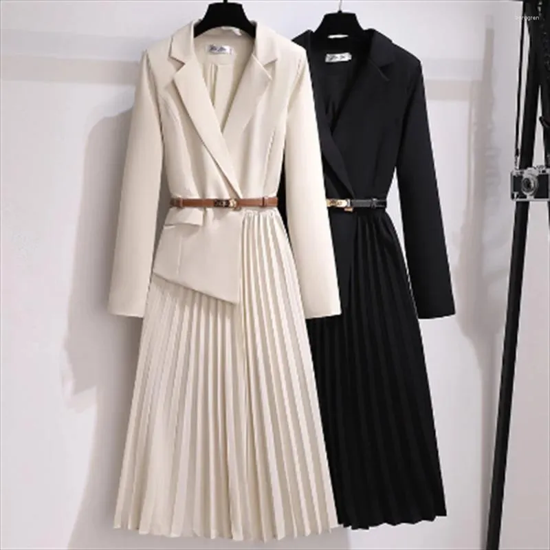 カジュアルドレスエレガントなスーツドレスVネック気質スリムミッドレングスファッション長袖の女性