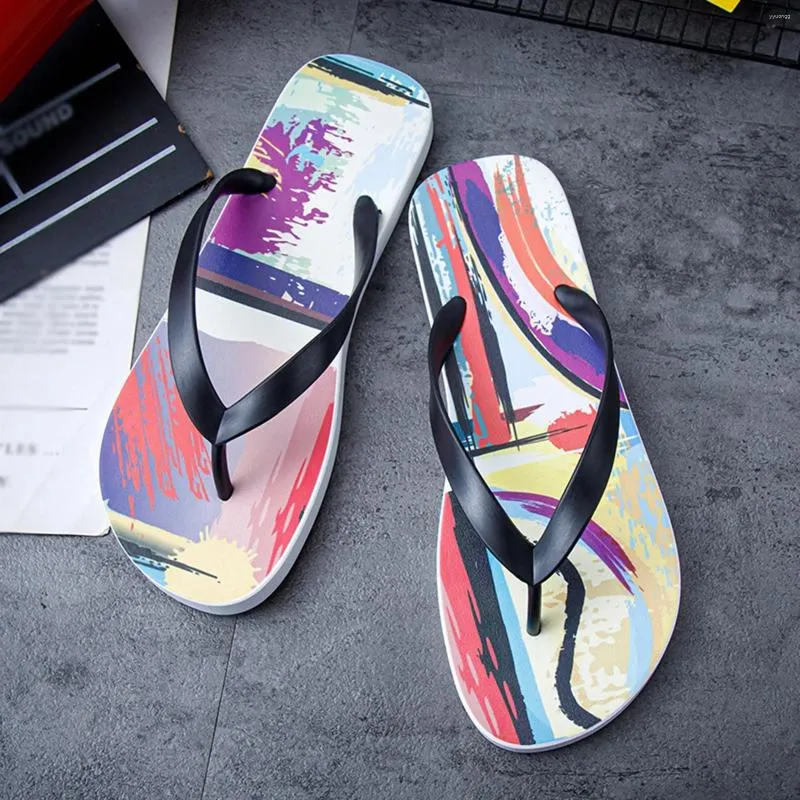 Sandals Summer Graffiti Beach PVC Jelly Flat Contrasting Color Flip Flops Anti-slip Slippers Women Ankle Strap Woman