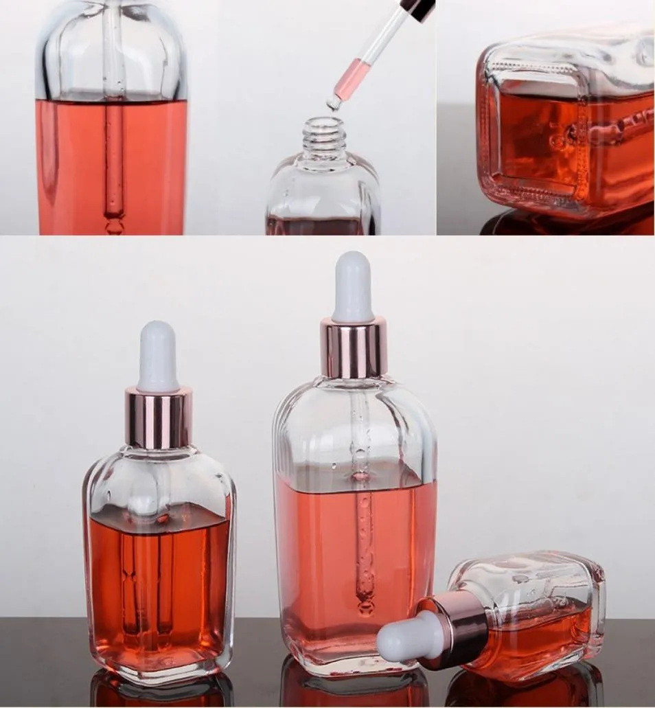 10 till 100 ml fyrkantig flaska Rose Gold Color Cap Droper Eliquid Bottles Makeup Glass Dropper Kosmetiska lagringsverktyg Klar glas 1 157479603