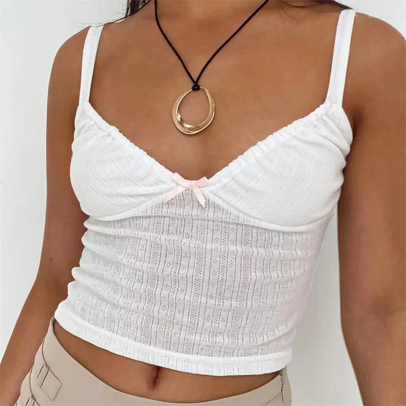Tank da donna Y2K Sweet Eyelet Camisole Donne Bow Cute Sleveless Cotton Slim Crop Top Female Summer Casual Sexy White Tops