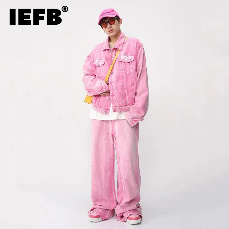 IEFB Trendy Korean Mass Male Pink Color Conjunto de cores de lapela sólida casaco de jeans reta largo Jeans casual casual 9A8557 240407