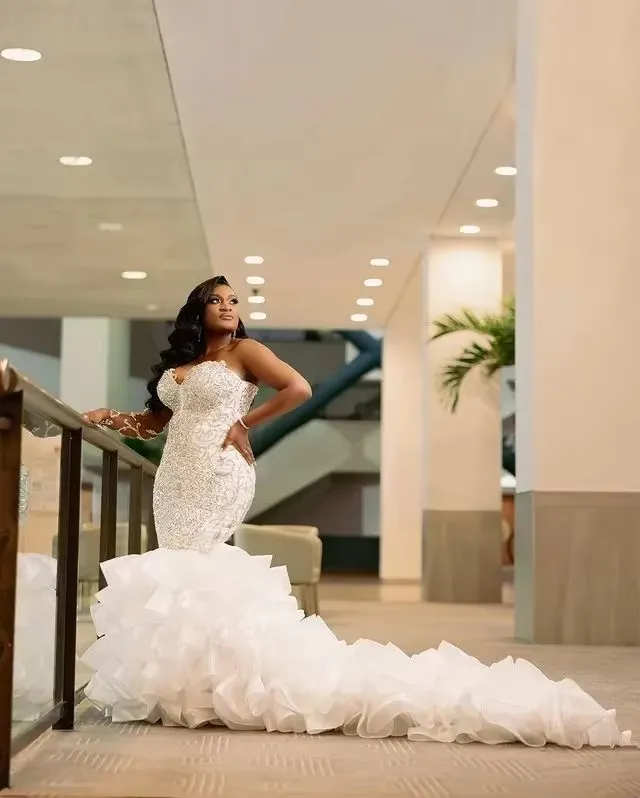 Save Big on Bulk Mermaid Ruched Organza Wedding Dresses Custom Organza  Mermaid Wedding Dress, Beaded Ruffled Skirt Sweetheart Neckline, Lace Up  Back, ...