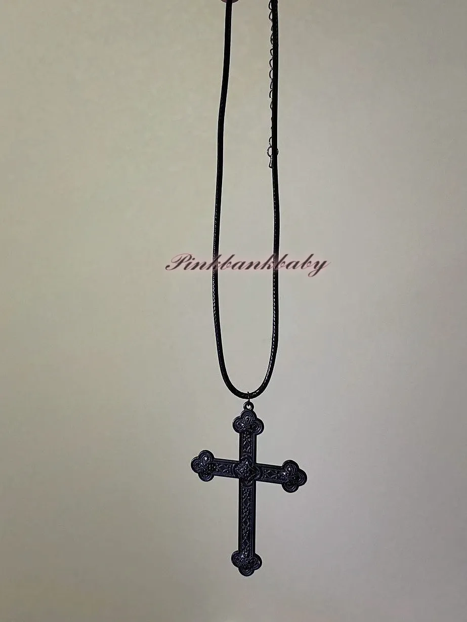 Original homemade y2k subculture personality niche gothic punk cross pendant leather wax rope necklace for women